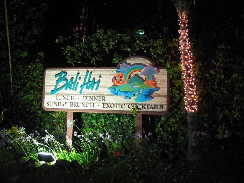 The Bali Hai's carved sign with the rainbow logo.