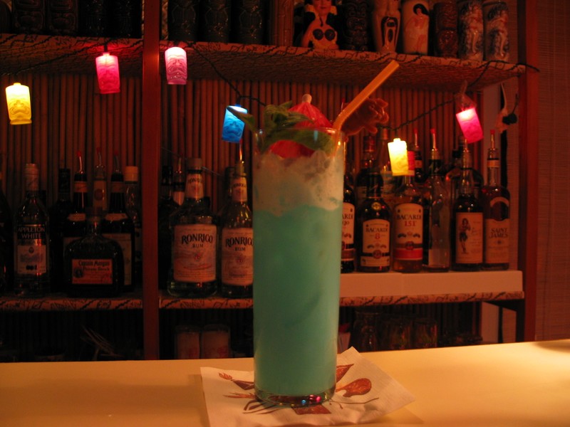 A slightly sipped Blue Hawai'i. (Normally the little Trader Vic's pic is replaced by a sword pic- we were just out that night).