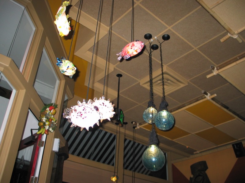 As you enter, you pass under lit floats and glass "pufferfish" lamps.