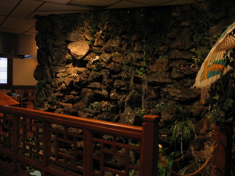 The only picture we took inside- a final remaining architectural Tiki detail, the wall fountain. Good sushi, no Tiki.