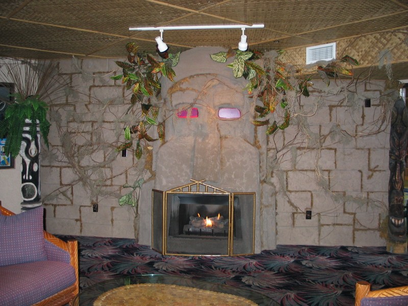 The big Tiki fireplace head on with flash.
